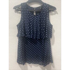 Sara Michelle Tiered Neck Top Woman Shirt Size Large Navy Blue Polka Dot